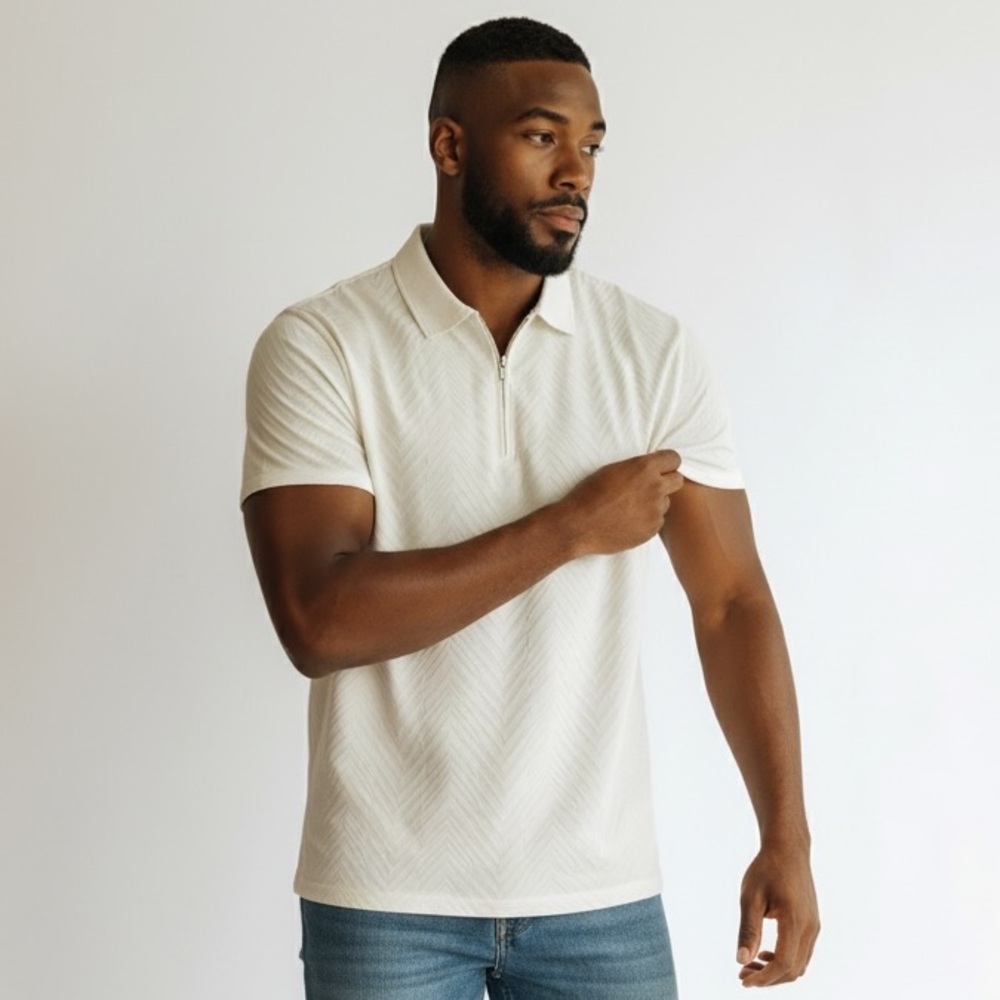 Denim & Flower Ricky Singh Quarter Zip Polo Shirt Cream Chevron Size S